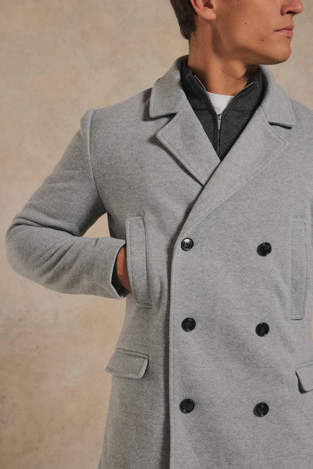 Double Breasted Herringbone Peacoat in Soft Grey