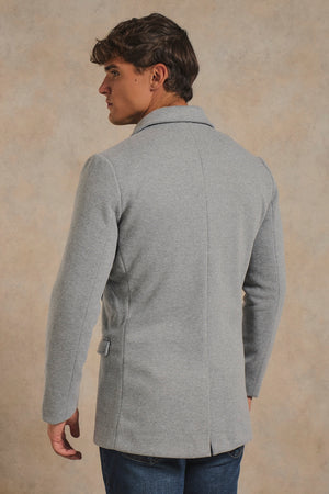 Double Breasted Herringbone Peacoat in Soft Grey
