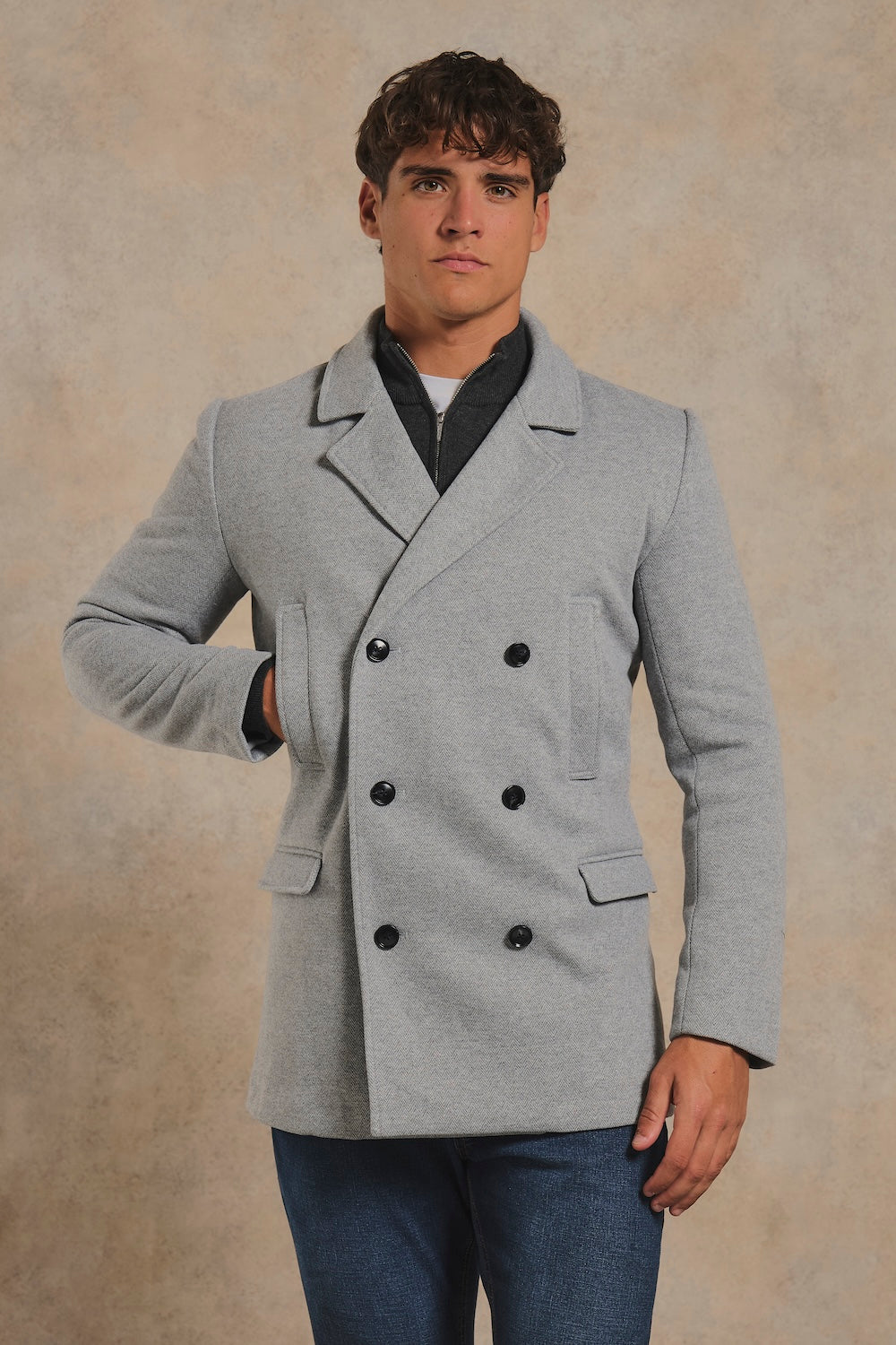 Double Breasted Herringbone Peacoat in Soft Grey