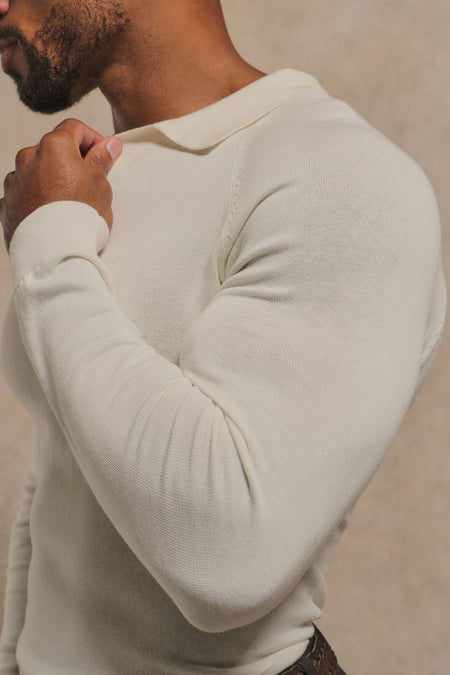 Open Collar Knitted Polo Shirt in Winter White