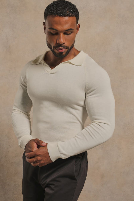 Open Collar Knitted Polo Shirt in Winter White