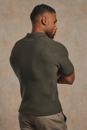 Textured Knitted Open Collar Polo Shirt in Dark Olive
