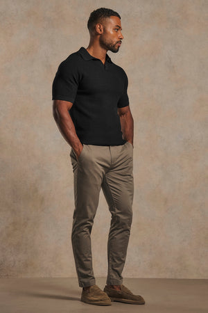 Textured Knitted Open Collar Polo Shirt in Black