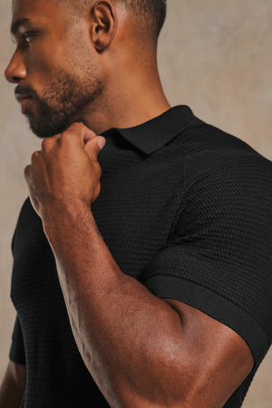 Textured Knitted Open Collar Polo Shirt in Black