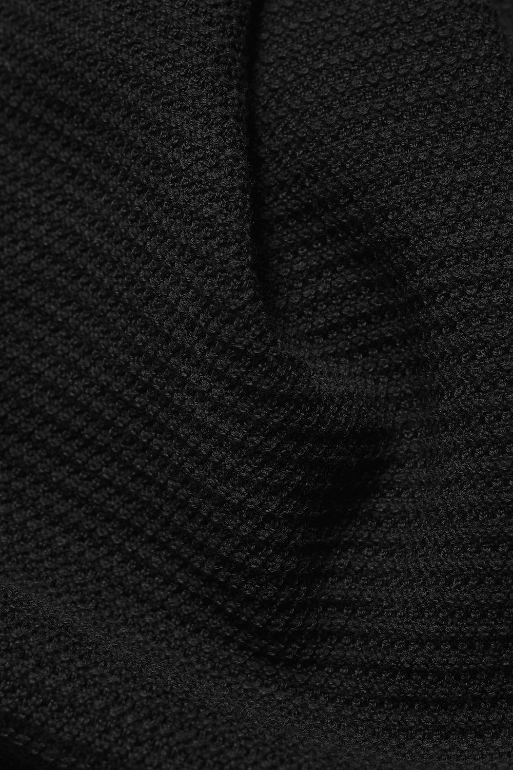 Textured Knitted Open Collar Polo Shirt in Black