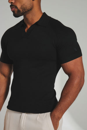 Square Textured Knitted Open Collar Polo Shirt in Black - TAILORED ATHLETE - USA