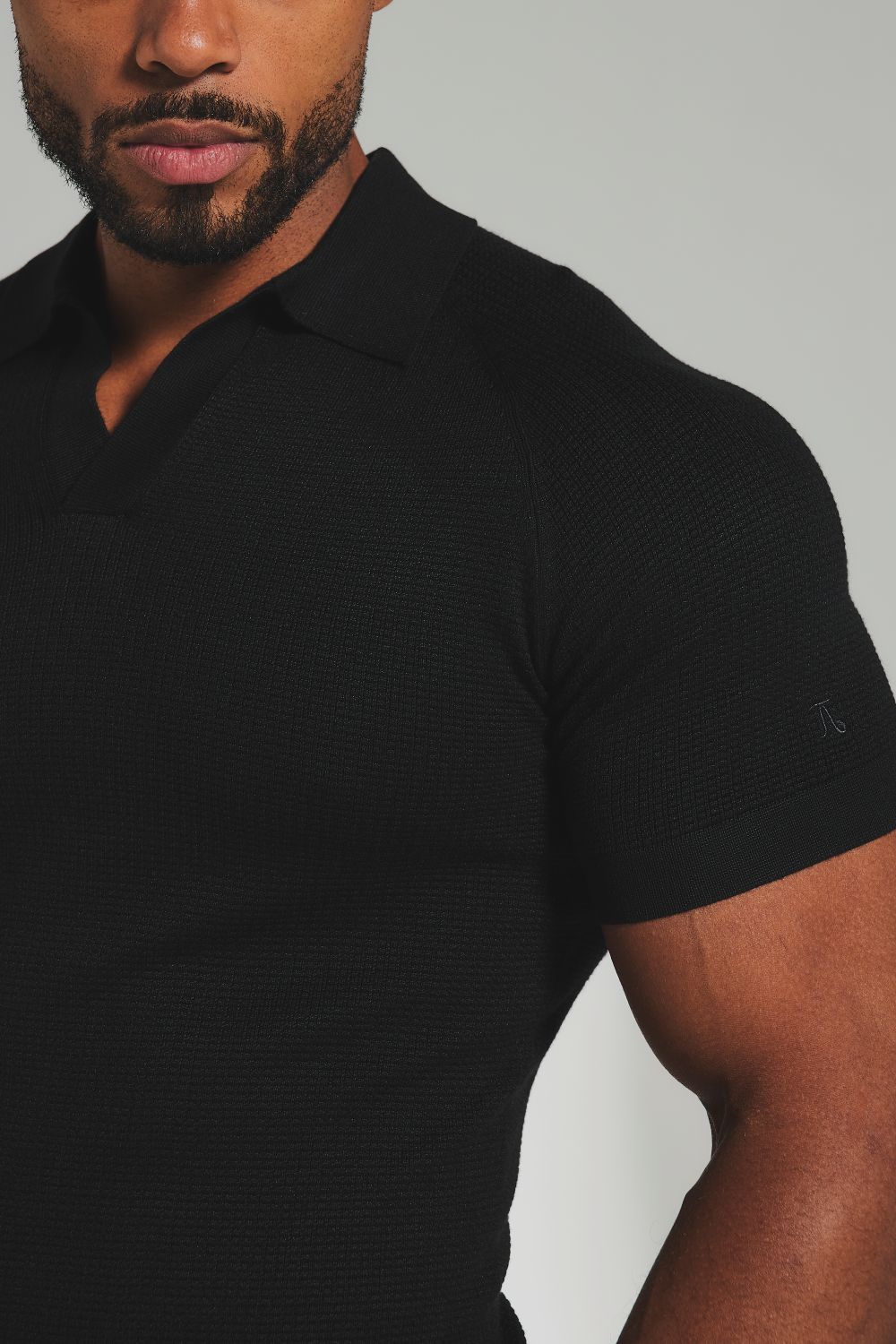 Square Textured Knitted Open Collar Polo Shirt in Black - TAILORED ATHLETE - USA