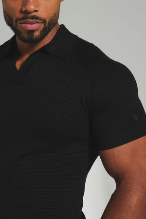 Square Textured Knitted Open Collar Polo Shirt in Black - TAILORED ATHLETE - USA