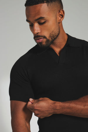 Square Textured Knitted Open Collar Polo Shirt in Black - TAILORED ATHLETE - USA