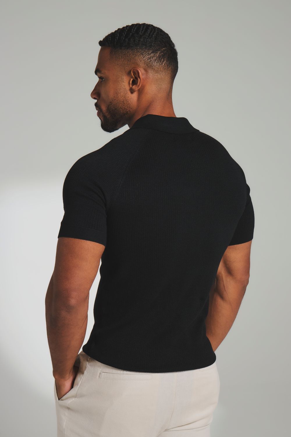 Square Textured Knitted Open Collar Polo Shirt in Black - TAILORED ATHLETE - USA