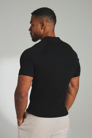 Square Textured Knitted Open Collar Polo Shirt in Black - TAILORED ATHLETE - USA