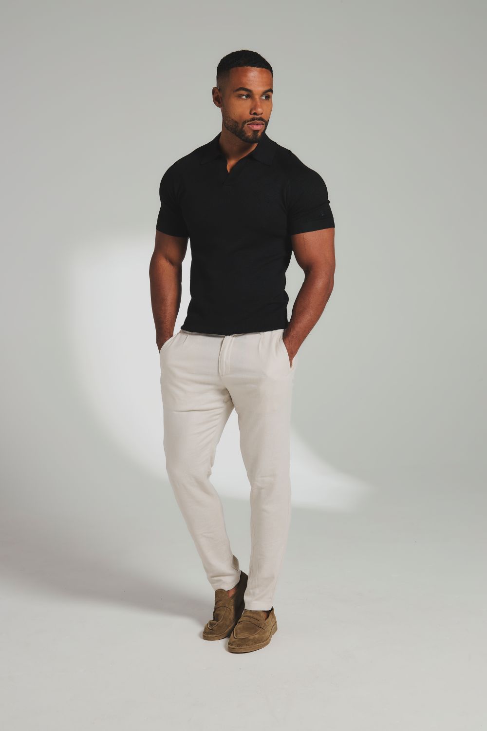 Square Textured Knitted Open Collar Polo Shirt in Black - TAILORED ATHLETE - USA