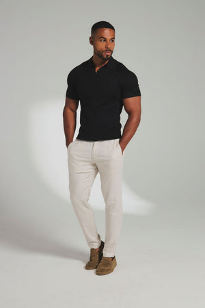 Square Textured Knitted Open Collar Polo Shirt in Black - TAILORED ATHLETE - USA