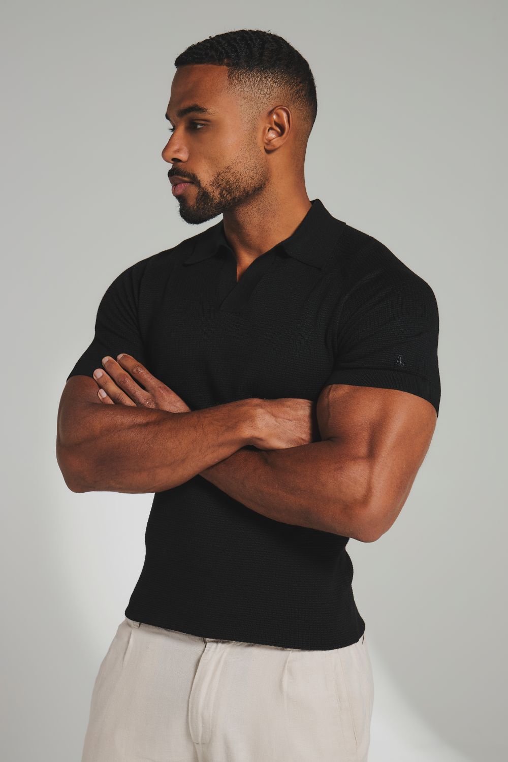 Square Textured Knitted Open Collar Polo Shirt in Black - TAILORED ATHLETE - USA