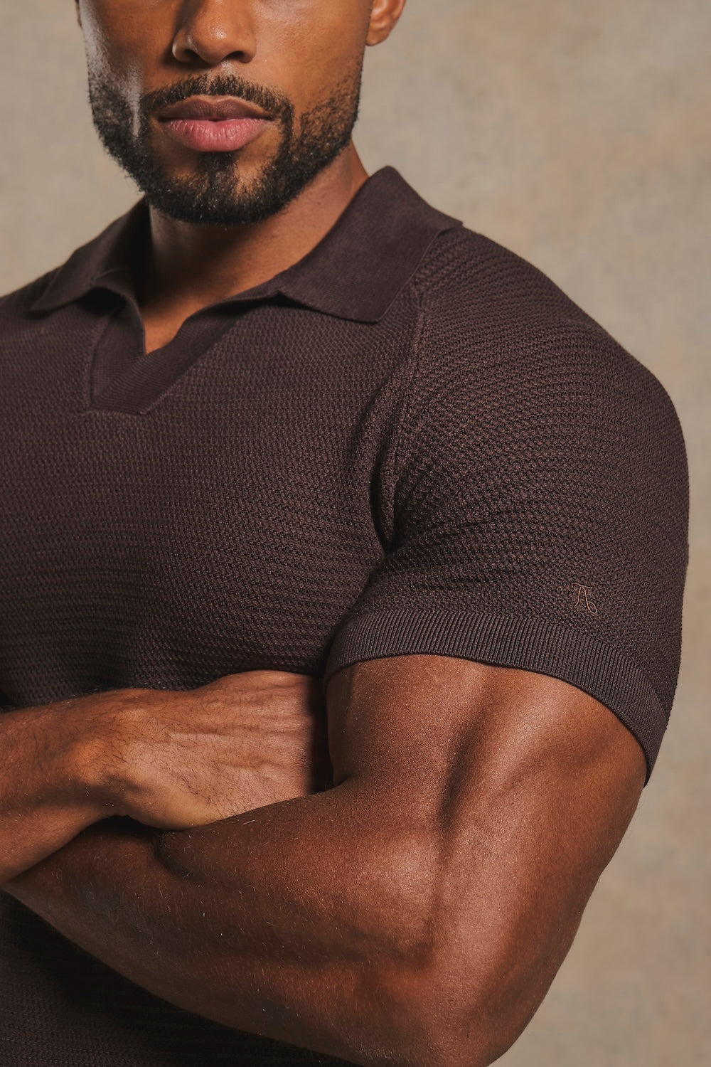 Textured Knitted Open Collar Polo Shirt in Chocolate