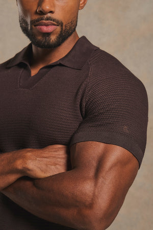 Textured Knitted Open Collar Polo Shirt in Chocolate