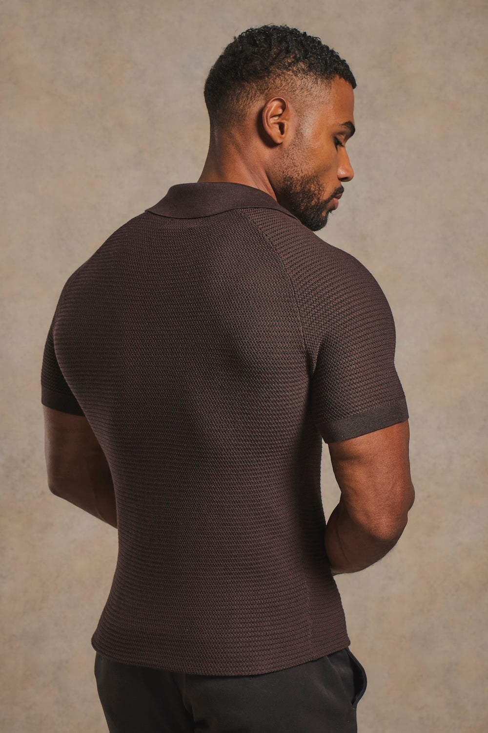 Textured Knitted Open Collar Polo Shirt in Chocolate