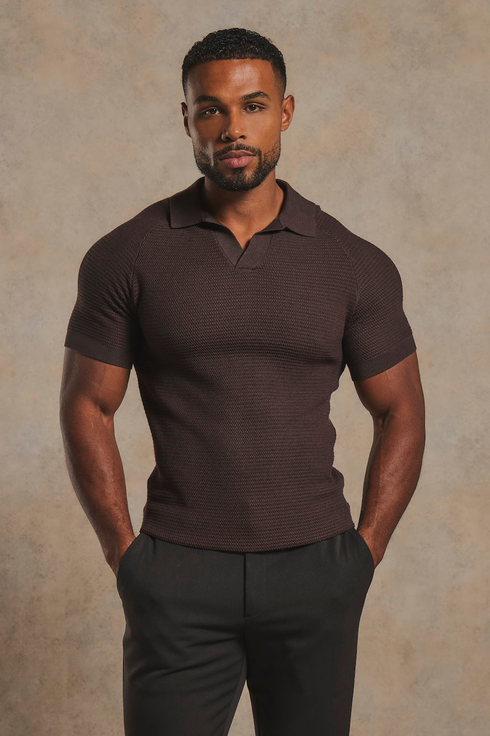 Textured Knitted Open Collar Polo Shirt in Chocolate