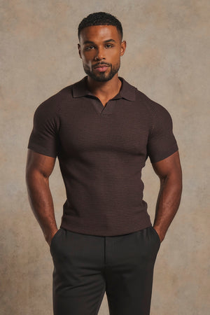 Textured Knitted Open Collar Polo Shirt in Chocolate