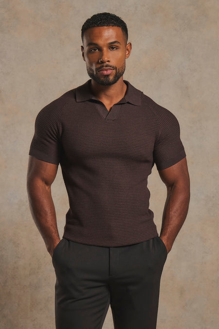 Textured Knitted Open Collar Polo Shirt in Chocolate