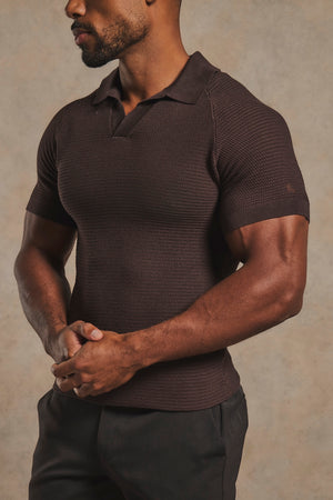 Textured Knitted Open Collar Polo Shirt in Chocolate
