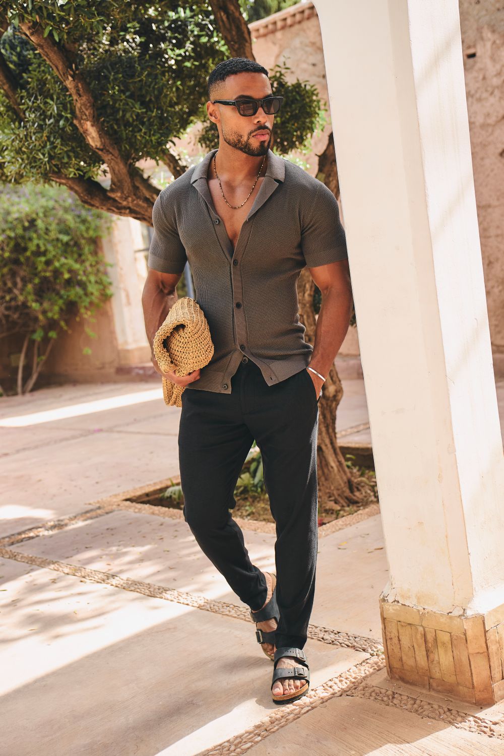 Fine Textured Cuban Collar Knitted Shirt in Dark Clay - TAILORED ATHLETE - USA