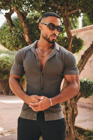 Fine Textured Cuban Collar Knitted Shirt in Dark Clay - TAILORED ATHLETE - USA