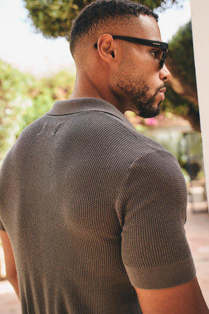 Fine Textured Cuban Collar Knitted Shirt in Dark Clay - TAILORED ATHLETE - USA