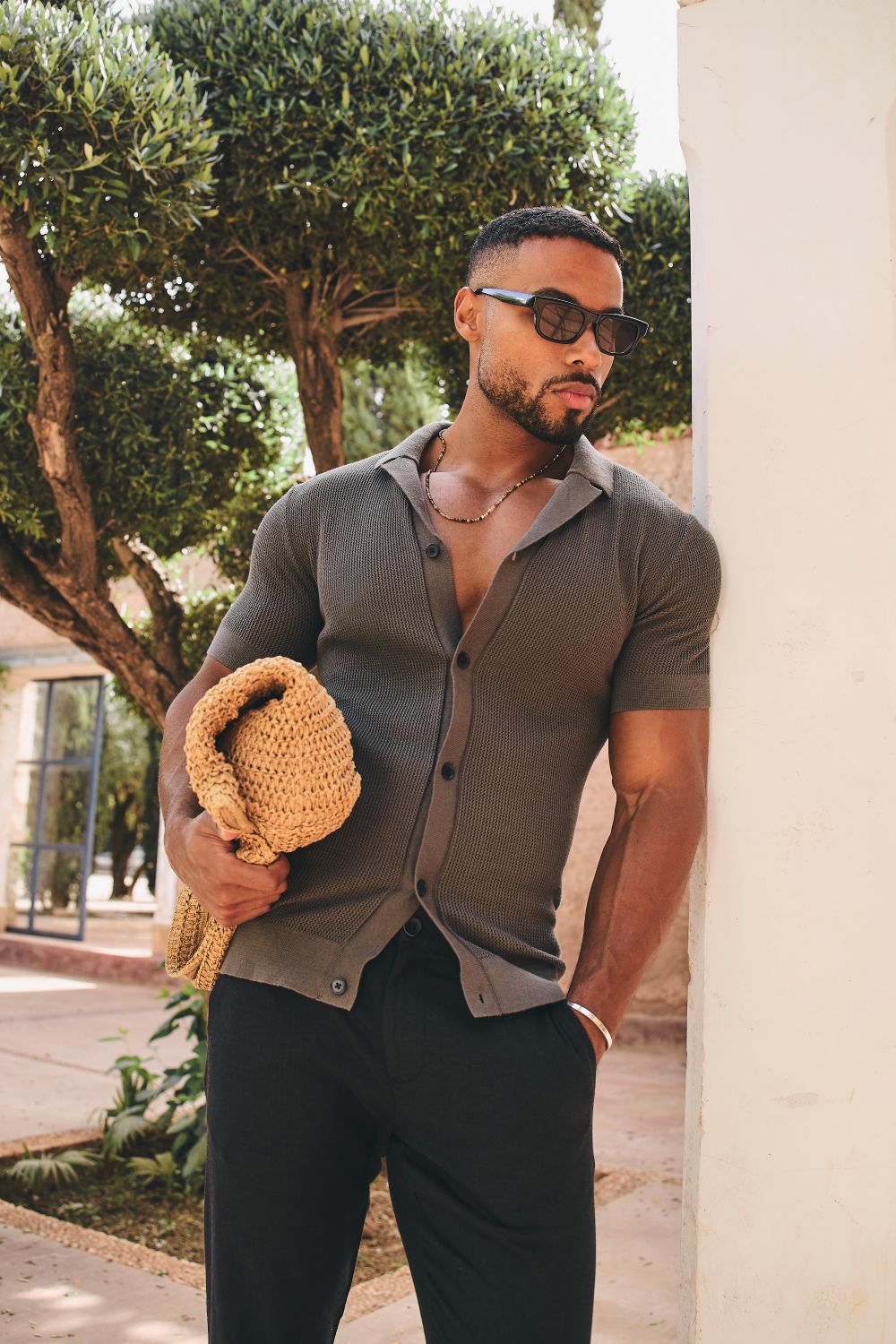 Fine Textured Cuban Collar Knitted Shirt in Dark Clay - TAILORED ATHLETE - USA