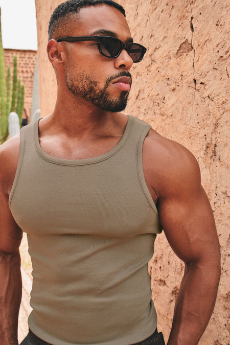 Cotton Ribbed Tank Top in Smoky Khaki - TAILORED ATHLETE - USA