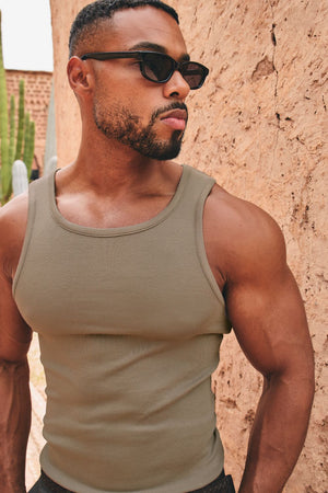 Cotton Ribbed Tank Top in Smoky Khaki - TAILORED ATHLETE - USA