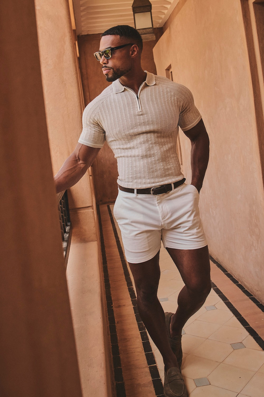 Tipped Cable Knitted Zip Polo Shirt in Neutral