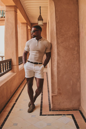 Tipped Cable Knitted Zip Polo Shirt in Neutral
