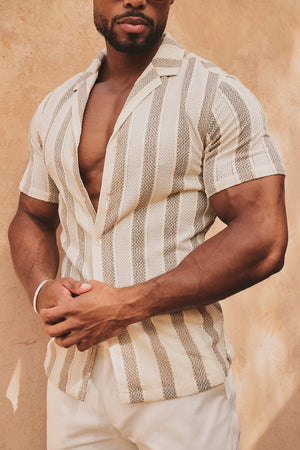 Stripe Crochet Cuban Collar Shirt in Neutral - TAILORED ATHLETE - USA