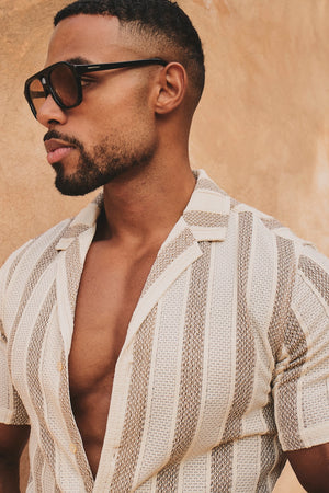 Stripe Crochet Cuban Collar Shirt in Neutral - TAILORED ATHLETE - USA