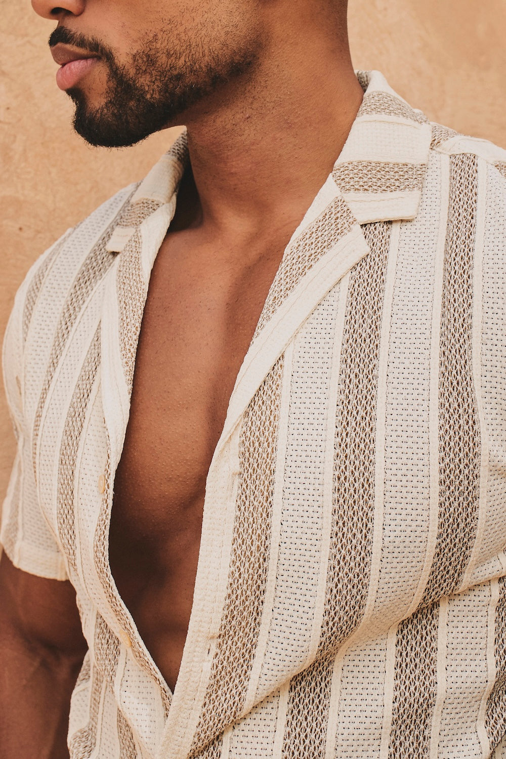Stripe Crochet Cuban Collar Shirt in Neutral - TAILORED ATHLETE - USA