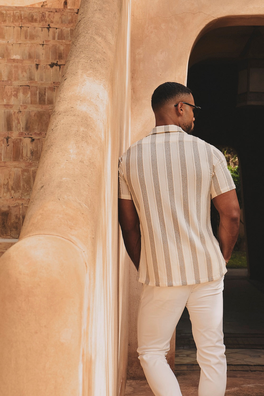 Stripe Crochet Cuban Collar Shirt in Neutral - TAILORED ATHLETE - USA