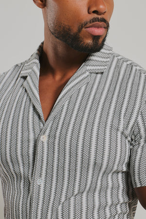 Stripe Crochet Cuban Collar Shirt in White and Grey
