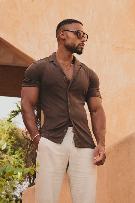 Linear Textured Cuban Collar Shirt in Chocolate - TAILORED ATHLETE - USA