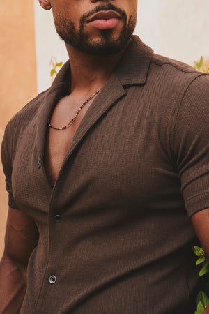 Linear Textured Cuban Collar Shirt in Chocolate - TAILORED ATHLETE - USA