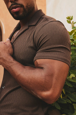 Linear Textured Cuban Collar Shirt in Chocolate - TAILORED ATHLETE - USA