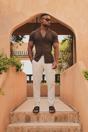 Linear Textured Cuban Collar Shirt in Chocolate - TAILORED ATHLETE - USA