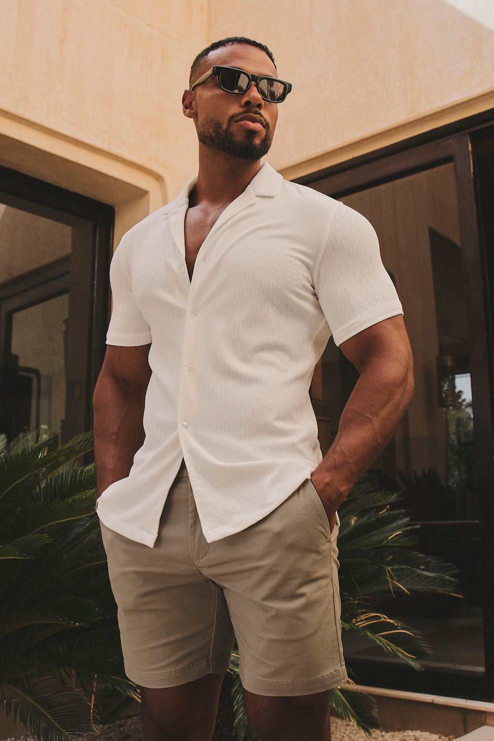 Linear Textured Cuban Collar Shirt in White