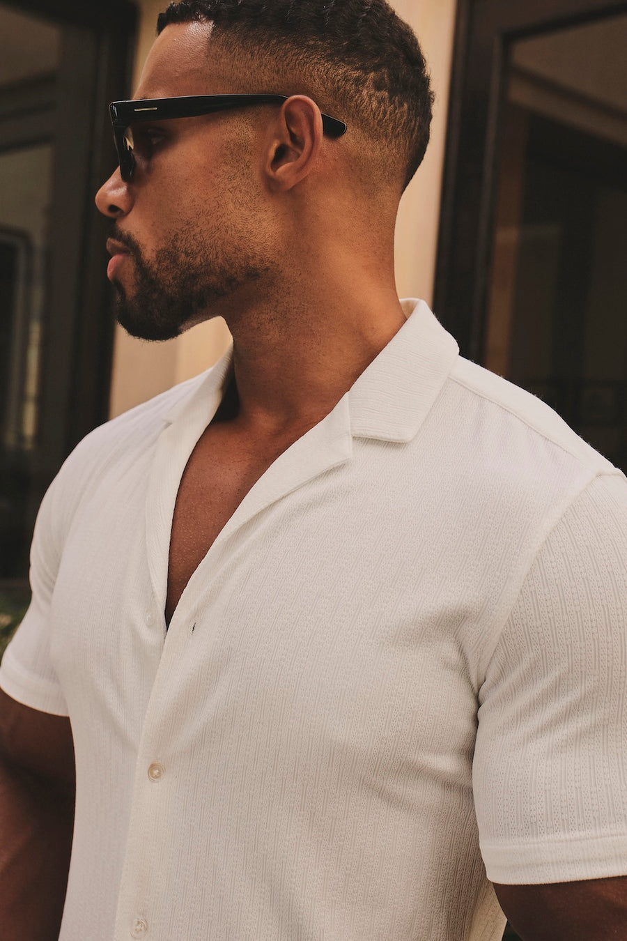 Linear Textured Cuban Collar Shirt in White