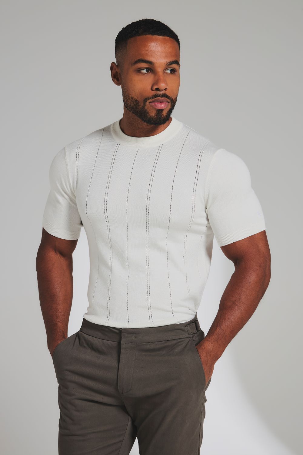 Vertical Stripe Knitted T-Shirt in Chalk