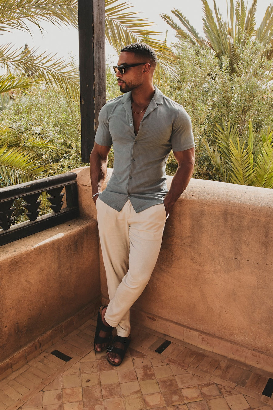 Linear Textured Cuban Collar Shirt in Sage - TAILORED ATHLETE - USA