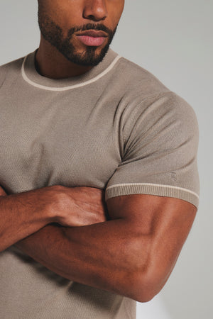 Contrast Tipped Knitted T-Shirt in Taupe and Light Stone