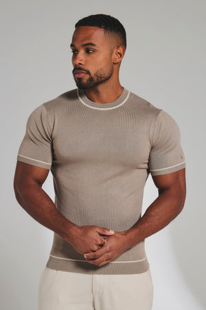 Contrast Tipped Knitted T-Shirt in Taupe and Light Stone