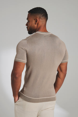 Contrast Tipped Knitted T-Shirt in Taupe and Light Stone