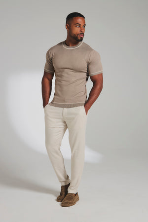 Contrast Tipped Knitted T-Shirt in Taupe and Light Stone